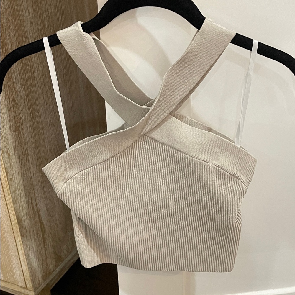 Babaton Beige Cross-Strap Crop Top